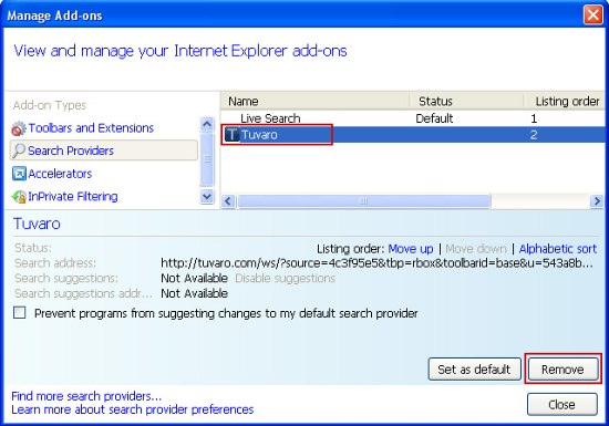 Remove Tuvaro Search Provider Internet Explorer